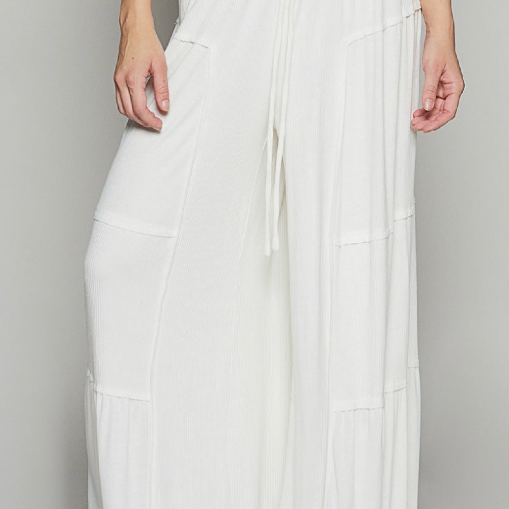 POL Cream Wide-Leg Tiered Lounge Pants